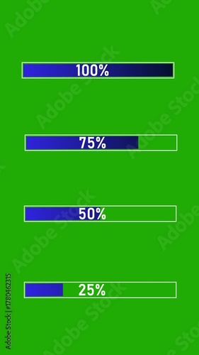 Animated progress rectangle filling to 100%  or 75%  or 50%on a green screen background, perfect for showcasing completion status or loading 
