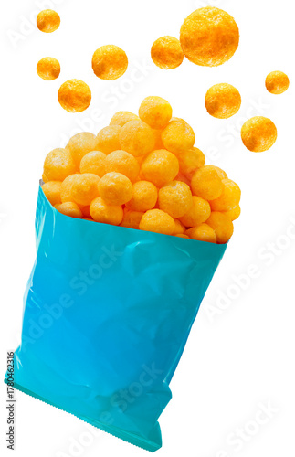 Cheese ball fly out of Blue foil bag isolated on white background, Yellow bag overflows with puffed cheese balls, with several more floating above it, With work path  PNG File. 