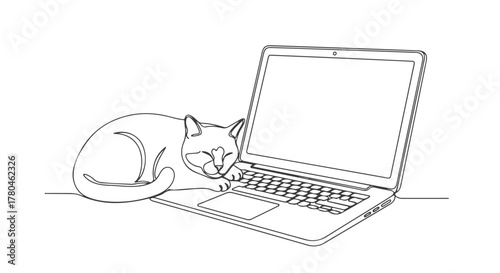 One line continuous drawing of a sleeping cat on a laptop, a single illustration in the style of 22.eps