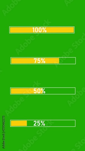 Animated progress rectangle filling to 100%  or 75%  or 50%on a green screen background, perfect for showcasing completion status or loading 

