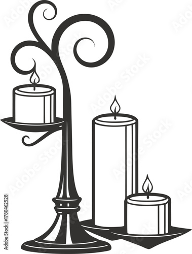 Antique candlestick holder with lit candles in elegant ornate design isolated on transparent background