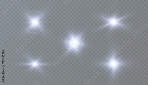 A set of cold glowing flashes and horizontal glare on a transparent background. Bright flashes of light with rays and glare.

