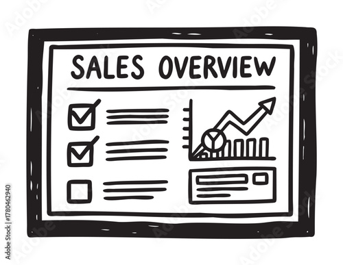 Black and white hand-drawn illustration of a sales overview presentation board with checklists, graphs, and charts showing growth trends.