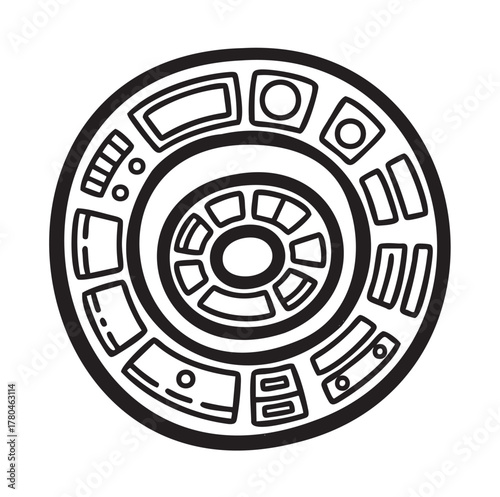 Black outline of a circular aztec calendar with detailed geometric patterns and symbols, illustrating ancient cultural significance and historical art.