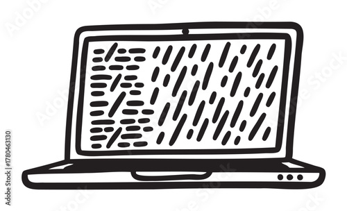 Black outline vector icon of an open laptop with code lines on the screen, symbolizing programming and technology concepts.