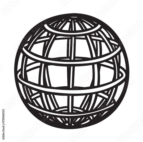 Black outline icon of a spherical globe structure with intersecting circular lines, depicting global connectivity and network concepts.