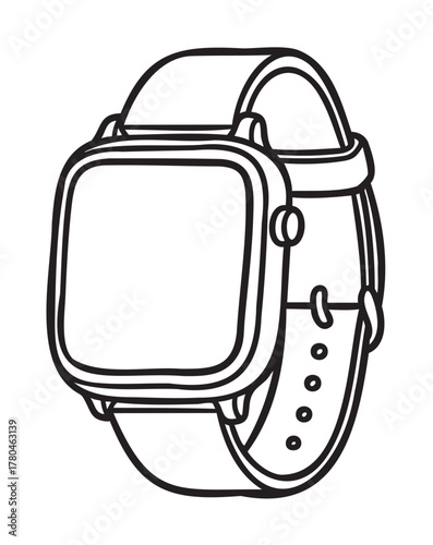 Black outline vector icon of a modern smartwatch with a square face and adjustable strap for wearable technology concepts.
