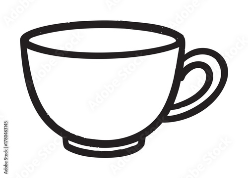 Simple black outline vector icon of a classic ceramic teacup with a single handle, ideal for beverage and kitchen-related design themes.