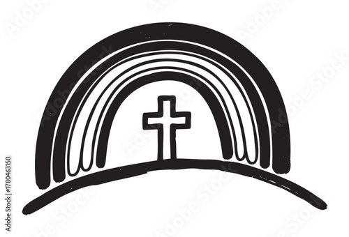 Black outline drawing of a cross on a hill with a rainbow arched above, symbolizing faith and hope.