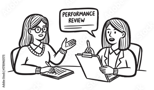 Two female adults engaged in a performance review conversation, with one taking notes and the other explaining, in a black and white illustration.
