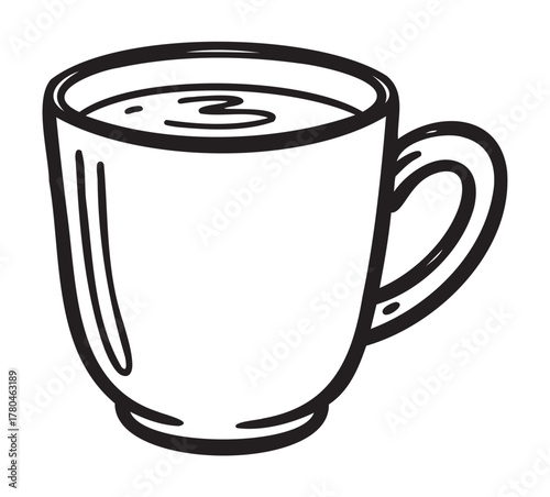 Black outline vector icon of a simple coffee cup with a handle and a steaming beverage inside, representing a warm drink concept.