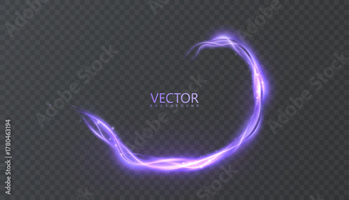 Bright purple light trail with glowing curved stream and sparkling light glare, isolated vector light effect on transparent background.	
