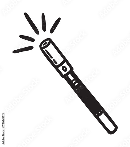 Black outline vector icon of a magic wand with sparkles, representing magical concepts and wizarding themes.