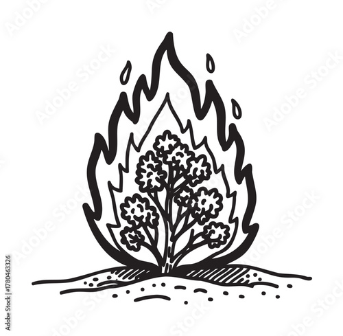 Black outline vector icon of a burning bush enveloped in stylized flames, symbolizing biblical or metaphoric concepts.