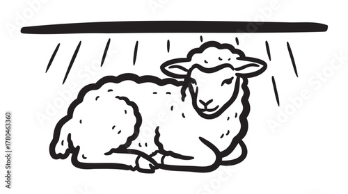 Black outline drawing of a resting sheep under a horizontal beam, surrounded by lines suggesting warmth or protection.