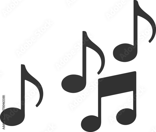 Music notes vector illustration featuring various dark gray musical symbols floating on a black background