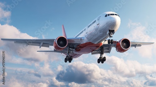 Airplane approaches runway during clear day with fluffy clouds in the background