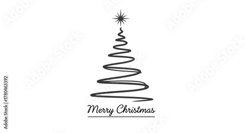 One continuous line illustration of a single Christmas tree with a star, and Merry Christmas text c