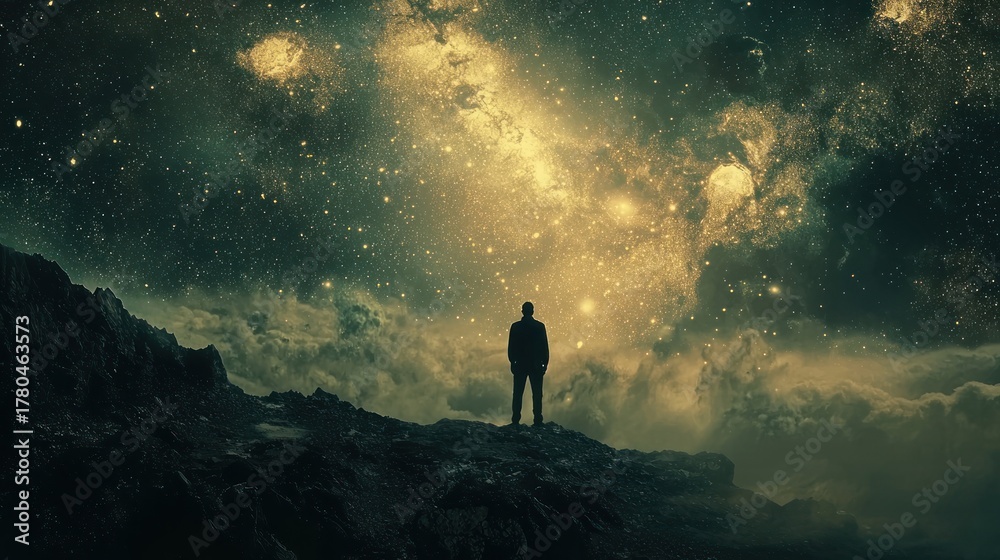 Fototapeta premium A solitary figure stands on a rocky outcrop, gazing at a vast, star-studded sky filled with countless stars and nebulae. 