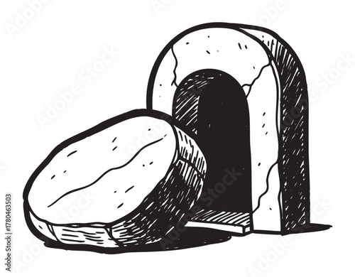 Black and white hand-drawn illustration of an open stone tomb with a rolled-away circular stone in front of an archway.