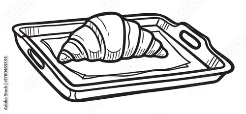 Black and white sketch of a croissant placed on a rectangular tray with handles on either side.