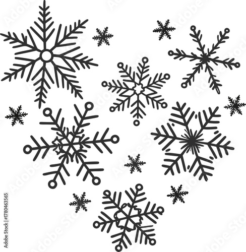 Heart shaped snowflakes falling delicate winter snowfall romantic abstract design isolated on transparent background