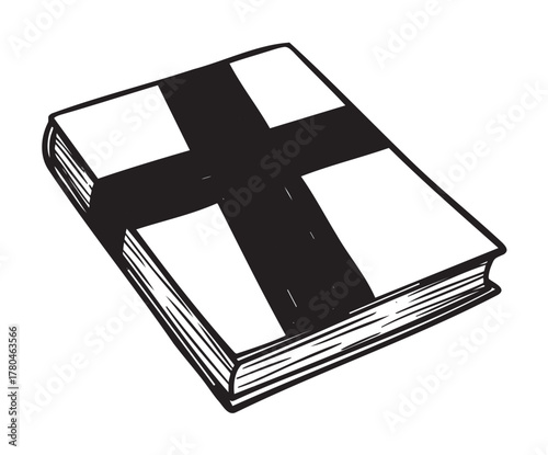 Black and white sketch of a hardcover book with a bold cross design on its cover, symbolizing religion or faith.