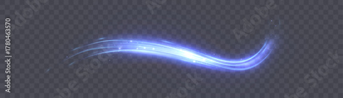 Blue glowing curved light trail with bright glare on a transparent background for magic strikes, game interface, light overlays. Vector