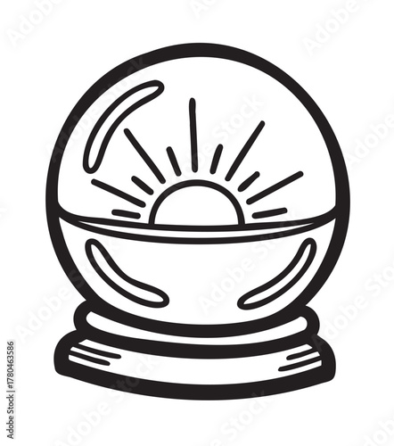 Black outline of a glass crystal ball with a sunburst design inside, resting on a simple base.
