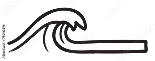 Simple black outline of a stylized ocean wave curling towards the right. abstract design with clean lines indicating motion.