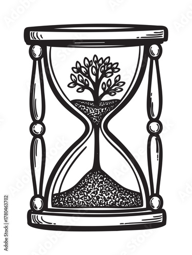 Intricate black outline of an hourglass with a tree growing inside, symbolizing the passage of time and nature.