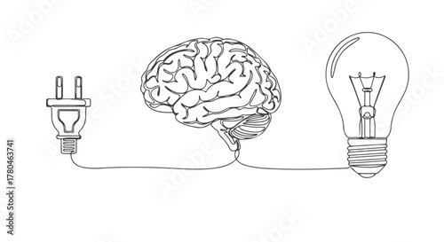 A single continuous line illustration depicting the profound connection of one energized brain to a bright lightbulb, symbolizing the powerful moment of an innovative idea's inception