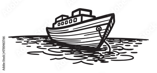 Simple black outline drawing of a large ship with multiple decks floating on wavy water, highlighting structural details and nautical elements.