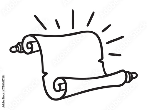 Black outline vector icon of an ancient scroll, slightly unrolled with decorative ends and rays emanating from it.