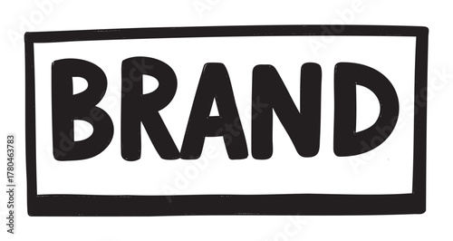 Bold black handwritten text spelling "brand" enclosed within a rectangular border on a white background.