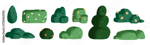 Set of bushes with different shapes. Blooming shrubs, blossoming trees. Green plants with flowers. Hedge. Design elements of park, garden. Flat isolated vector illustrations on white background