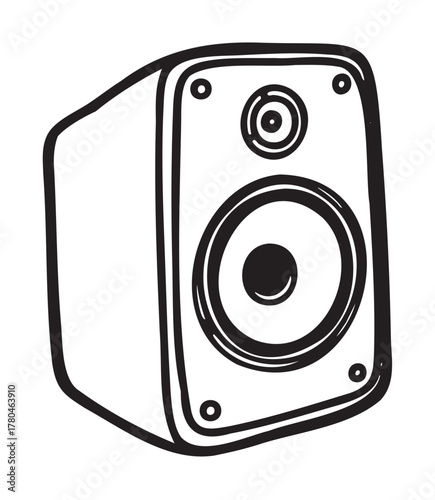 Black outline of a single speaker with a prominent circular woofer and tweeter, enclosed within a rectangular casing.