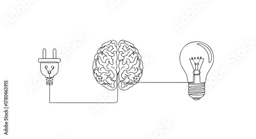 A single continuous line illustration, from one point to another, depicting the brain's power sparking an idea, connecting thought to innovation and creative energy flow