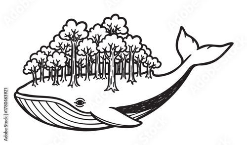 Black outline illustration of a large whale with a forest of trees growing on its back, symbolizing harmony between marine and terrestrial ecosystems.