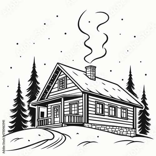 Cozy winter cabin scene with smoke rising from chimney hand drawn sketch isolated on transparent background