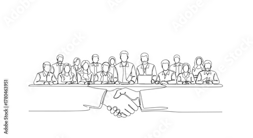 Single Line Drawing of a Group of People Shaking Hands, Continuous One Line Art