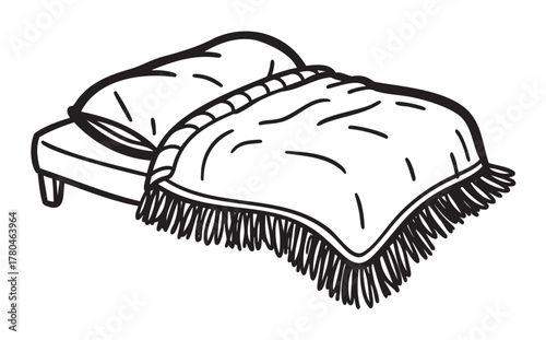 Black outline of a cozy, fringed blanket on a simple bed with a pillow, illustrating comfort and relaxation.