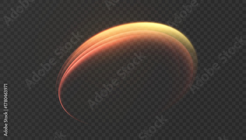 Curved warm light trail with soft orange and yellow glow on transparent background. Vector arc streak for motion design, speed highlights and abstract overlays.