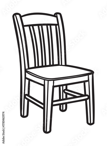 Simple black outline drawing of a wooden dining chair with a slatted backrest and sturdy legs.