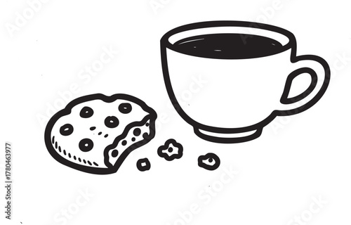 A simple black outline drawing of a steaming cup of coffee next to a partially eaten chocolate chip cookie with crumbs.