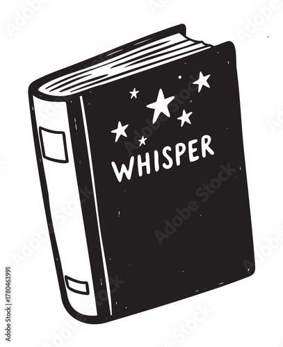 Black and white drawing of a closed book titled "whisper" with stars on the cover, emphasizing a magical or fantasy theme.