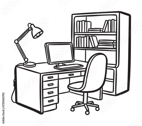 Black and white line drawing of a simple home office setup featuring a desk with a computer, a swivel chair, a lamp, and a bookshelf filled with books.