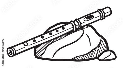 Black outline vector drawing of a simple flute resting on a textured rock, showcasing musical and artistic themes.