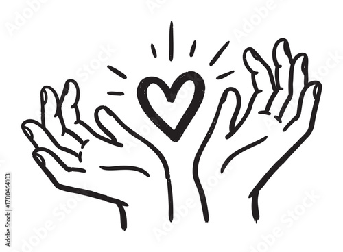 Black outline drawing of two hands reaching towards a heart with radiating lines, symbolizing love and care.