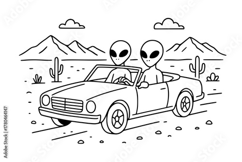 Two aliens driving a car in nevada desert